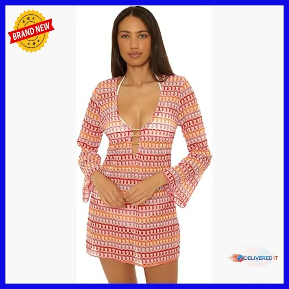 Large Crochet Tunic Cover Up Boho Beachwear Polyester Pull On Bell Sleeves